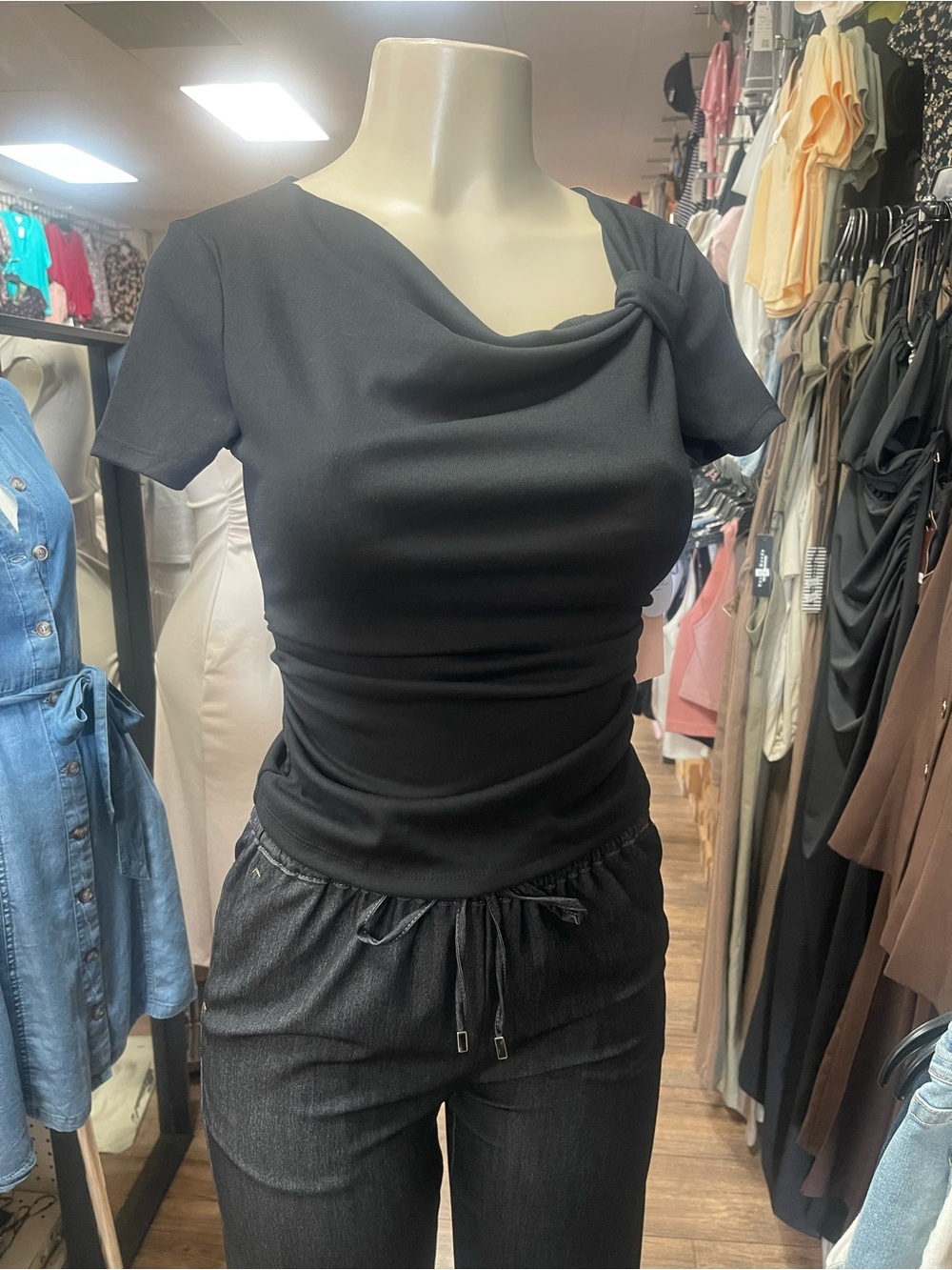 Black Short-Sleeve Draped Neck Women's Top